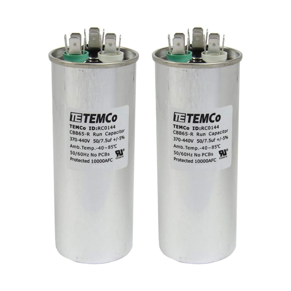 TEMCo 50+7.5 uF Condensador de doble funcionamiento CBB65, 50+7.5 MFD, 370-440 V, redondo, 50/60 Hz | para aplicaciones de ventilador HVAC, motor y sopladores