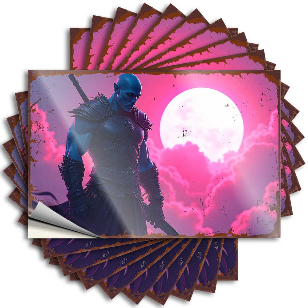 Blue Warrior with Sword Against Pink Moonlit Sky Western Core - Tattoo Bumper Waterproof Decal(6X9CM)