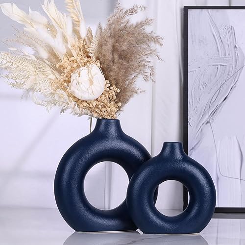 Miniatura 3 de Juego de jarrones de cerámica azul  2 jarrones circulares de dona para decoración de estilo rústico o de granja, detalles azules modernos para sala