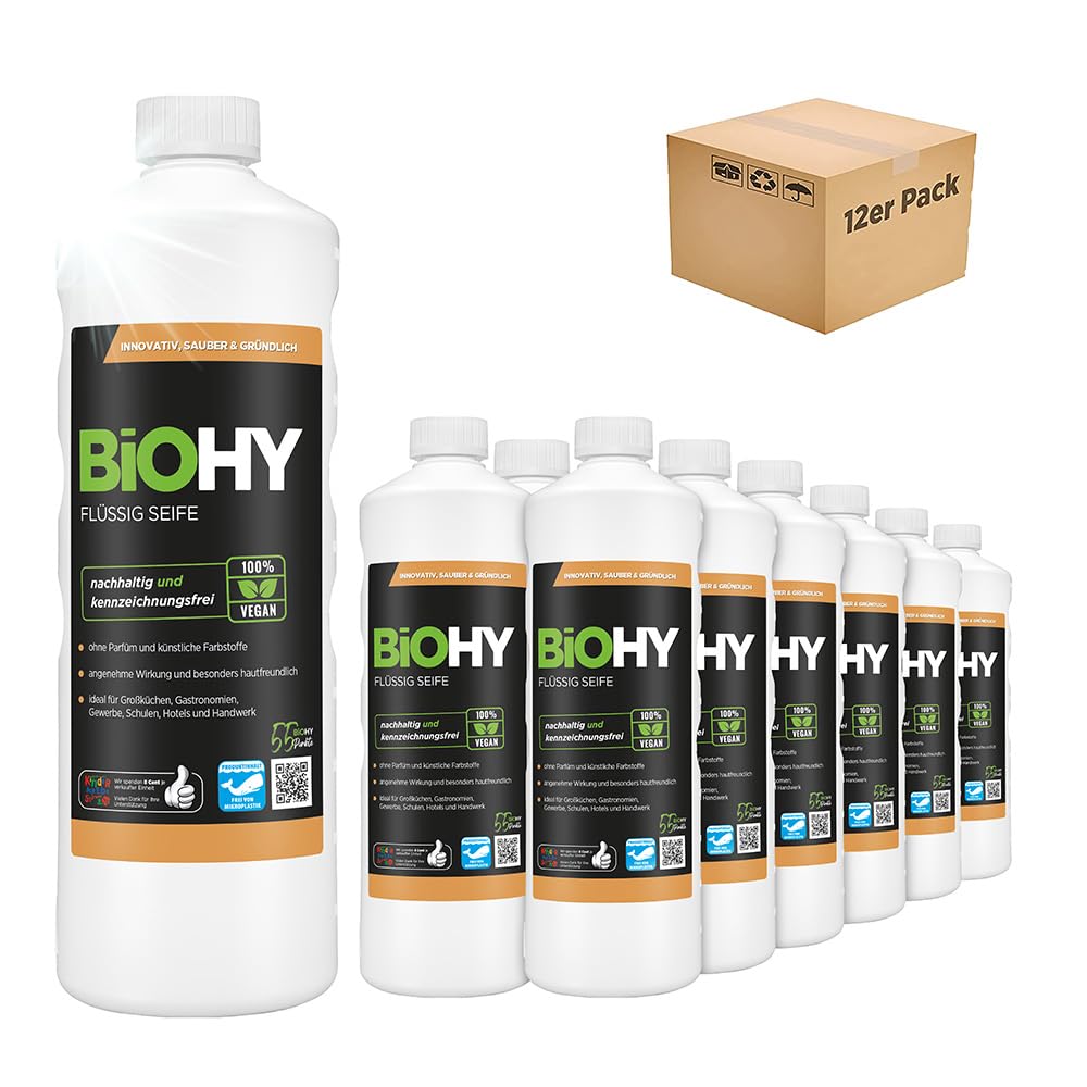 BiOHY Jabón líquido (12 x 1 litro) | Jabón de manos suave y líquido para la piel, sin fosfatos, higiene inodora, también adecuado para la cara, sin perfume ni colorantes