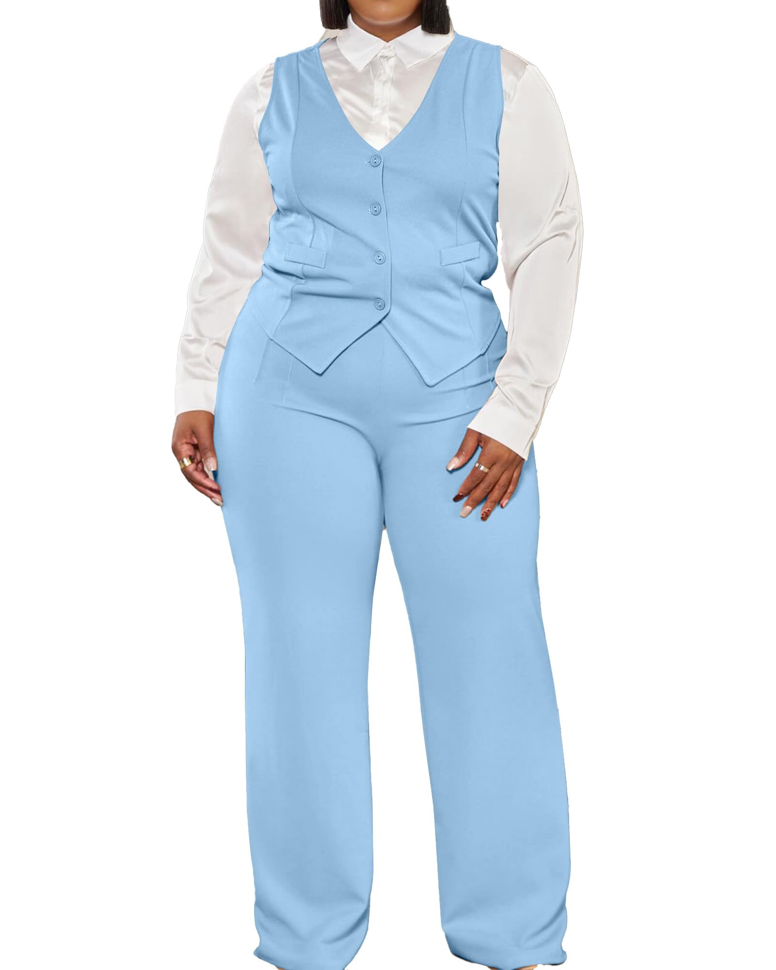 CXXQ Womens Plus Size Pant Suits 2 Piece Outfits Button Vest Blazer Pockets Wide Leg Pants Sets Casual