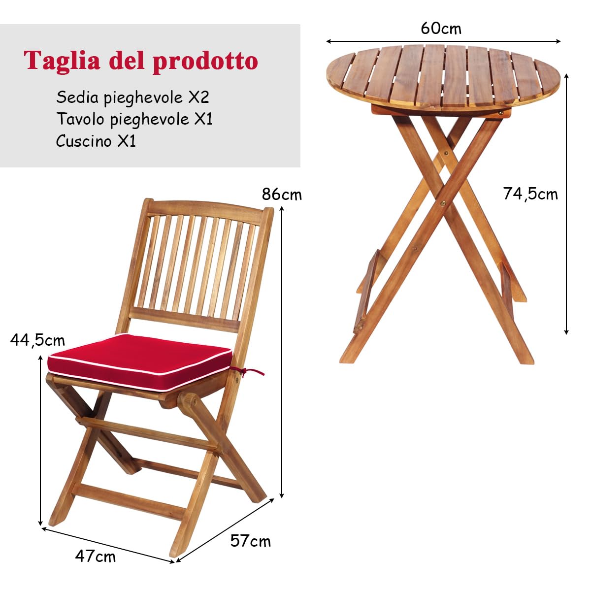 COSTWAY Set Tavolino e Sedie da Girdino Pieghevole, Set da Bistro 3 Pezzi in Legno di Acacia, con Cuscino, Set di Mobili da Esterno, Tavolino Portato 80kg, Sedie Portate 160kg (Cuscino Rosso)