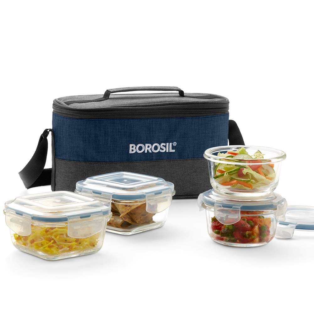 Elite Universal Lunchbox | Set of 4 (320ml x 2 Square + 240ml x 2 Round), Borosilicate Glass | Microwave & Dishwasher Safe, Leakproof | Tiffin for Office/School/College