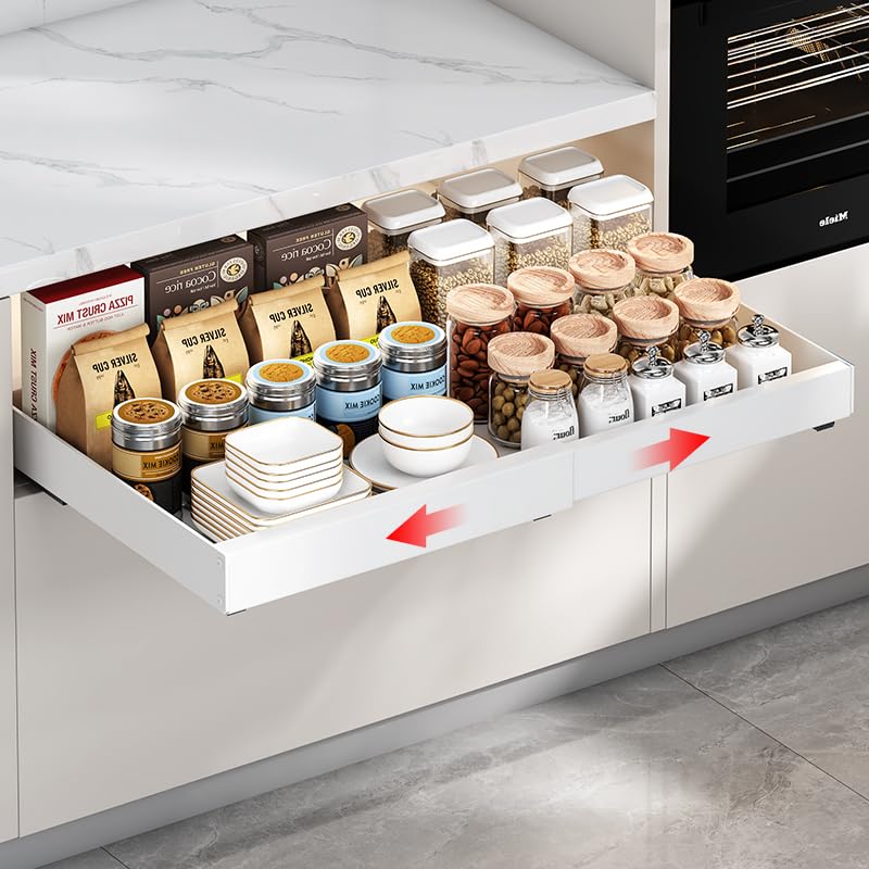 KiwiPower Teleskopschublade Extra Tief – 52 cm Tiefe, Breite 32–50 cm verstellbar, Klebe- & Schraubmontage, Metall-Auszug, Organizer für Küchenunterschrank, Bad