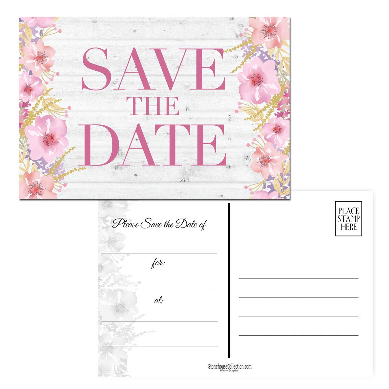 Stonehouse Collection Rustic Pink Floral and Barnwood Save The Date Postcards - 40 4" x 6" Postcards - Wedding, Baby Shower, Birthdays, Celebration Announcements (Rustic Floral)