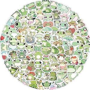 100 calcomanías pequeñas de rana linda, divertidas calcomanías estéticas de animales de dibujos animados, calcomanías de vinilo impermeables para botella de agua, laptop, equipaje, teléfono, para
