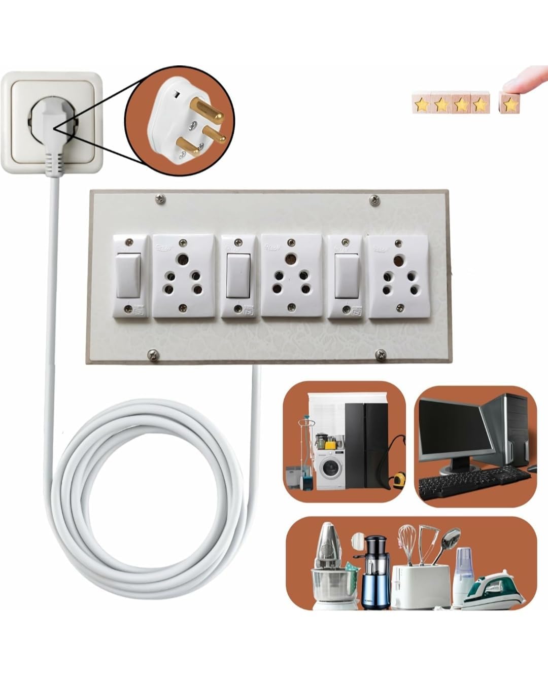 3 Plug 3 Switch Wooden Electric Extension Board with 2.5 Meter 0.75mm Cable with 3pin top-image-3