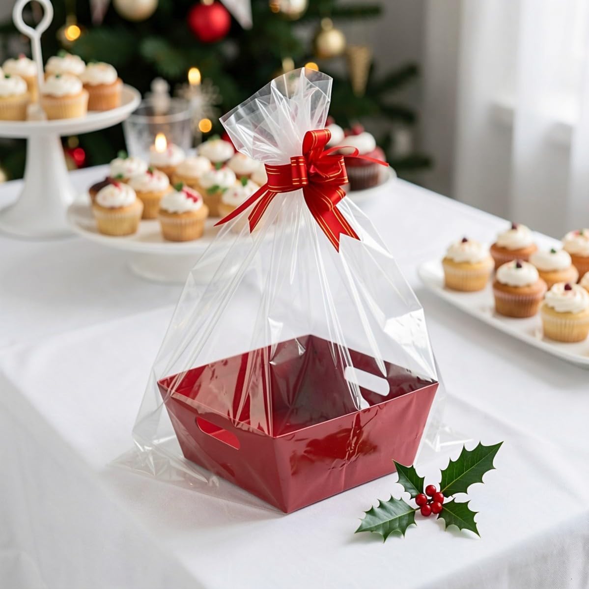 MAGICLULU 5pcs Xmas Christmas Paper Basket with Handles, Red for Gifts image 5