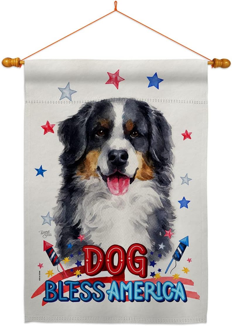 Breeze Decor Patriotic Bernese Mountain House Flag Dowel Set Dog Puppy Spoiled Paw Canine Fur Pet Nature Farm Animal Creature Banner Small Garden Yard Gift Double-Sided, Made in USA