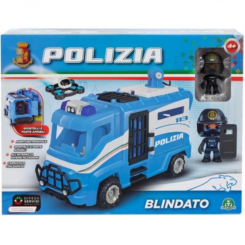 Giochi Preziosi Polizei - Gepanzerte Polizei mit Original-Lackierung mit Freilauf. Inklusive Zelle, Innenraum, Figur 7 cm in offizieller Uniform und Zubehör. Für Kinder ab 4 Jahren
