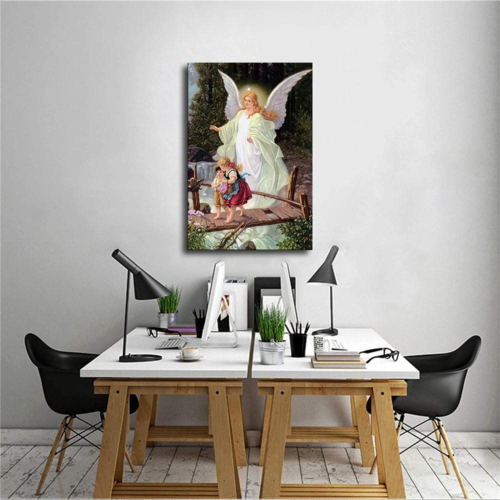 Tenture Murale Turque 58x37 Cm – Ange Gardien Et Enfants – Polyester – Neuf