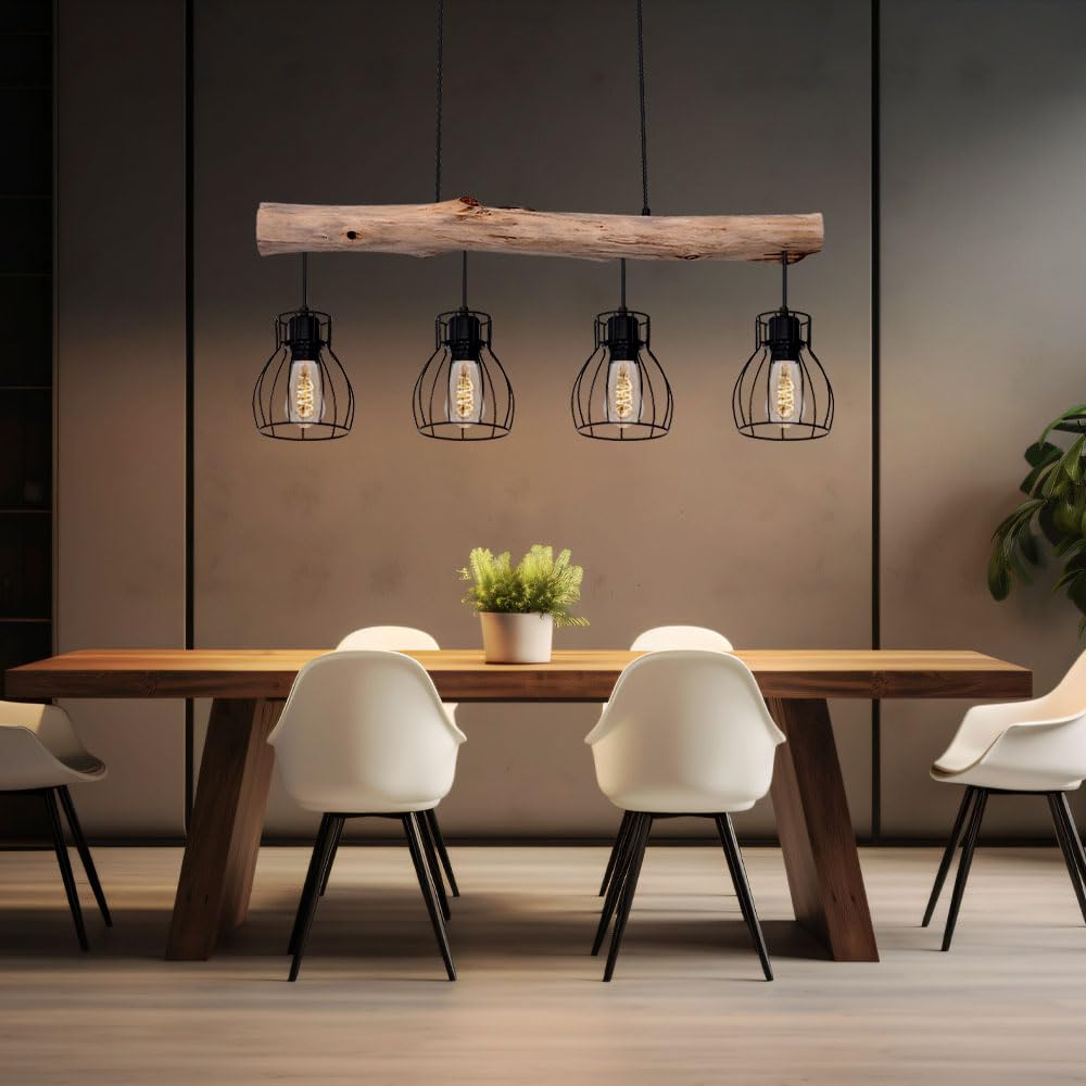 GLOBO Design Decken Hänge Leuchte Holz Balken Pendel Spot Ess Zimmer Retro Gitter Lampe 15326-4N