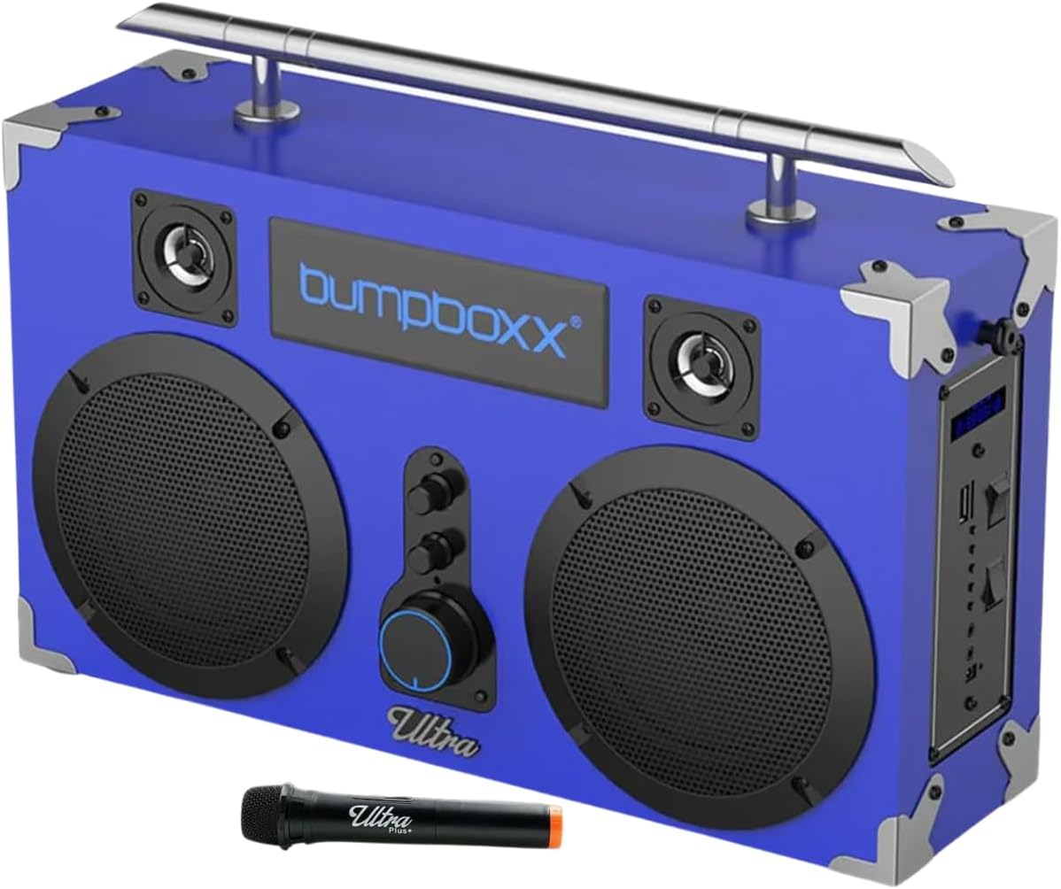 Bumpboxx Bluetooth Boombox Ultra Plus  Boombox retro con altavoz Bluetooth  Incluye batería de litio recargable, correa de transporte y micrófono