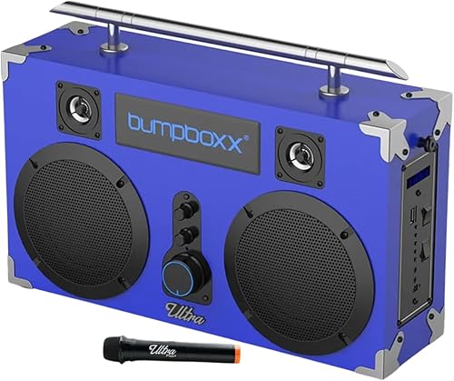 Bumpboxx Bluetooth Boombox Ultra Plus Boombox retro con altavoz Bluetooth Incluye batería de litio recargable, correa de transporte y micrófono