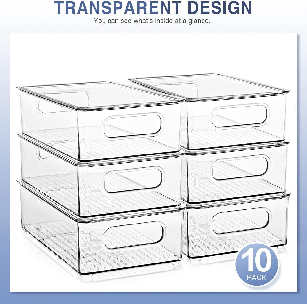 Refrigerator Organizer Bins with Lids, ESARORA 10 PACK Small Stackable Clear Fridge Bins with Handles For Fridge, Freezer, Kitchen Cabinet, Pantry Organization, BPA Free Freezer Organizer Bins