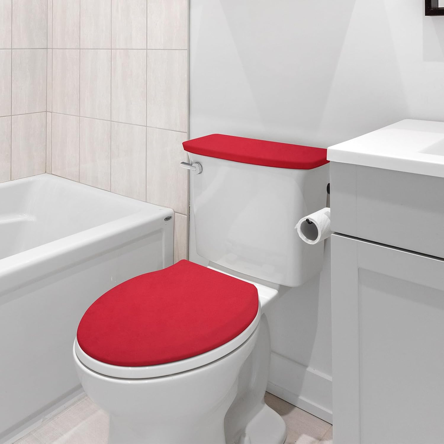 Red Polyester Elastic Bathroom Toilet Lid and Tank Cover Set