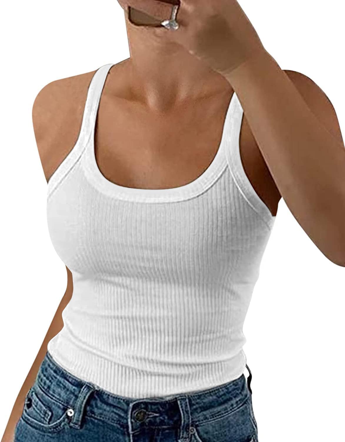 DUOEASE Spaghetti Top Damen Sommer 2025 Gerippt Rundhals Tank Top Basic Einfarbig Slim Fit Stretch Top