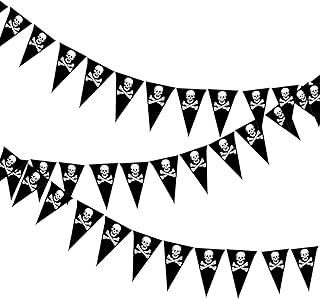 3 Pièces/13.5M Guirlande de Fanions Pirate Drapeaux de Pirate Drapeau Jolly Roger Forme de Crâne de Pirate et os Croisés pour Fêtes de Pirates, Fêtes d'halloween, Fêtes d'horreur (Noir) (Noir)