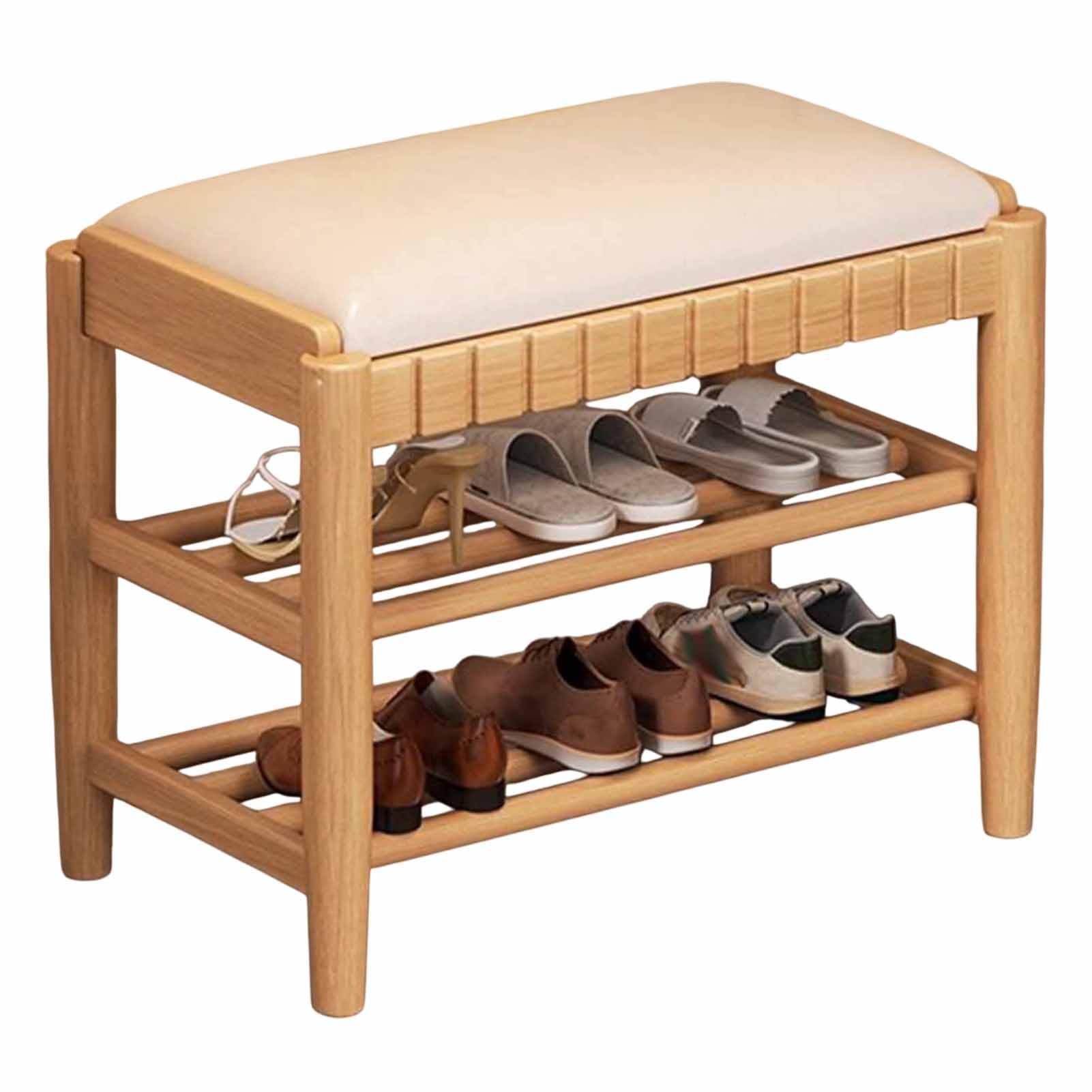 Banc à chaussures en bois avec coussin similicuir et étagère à 3 niveaux