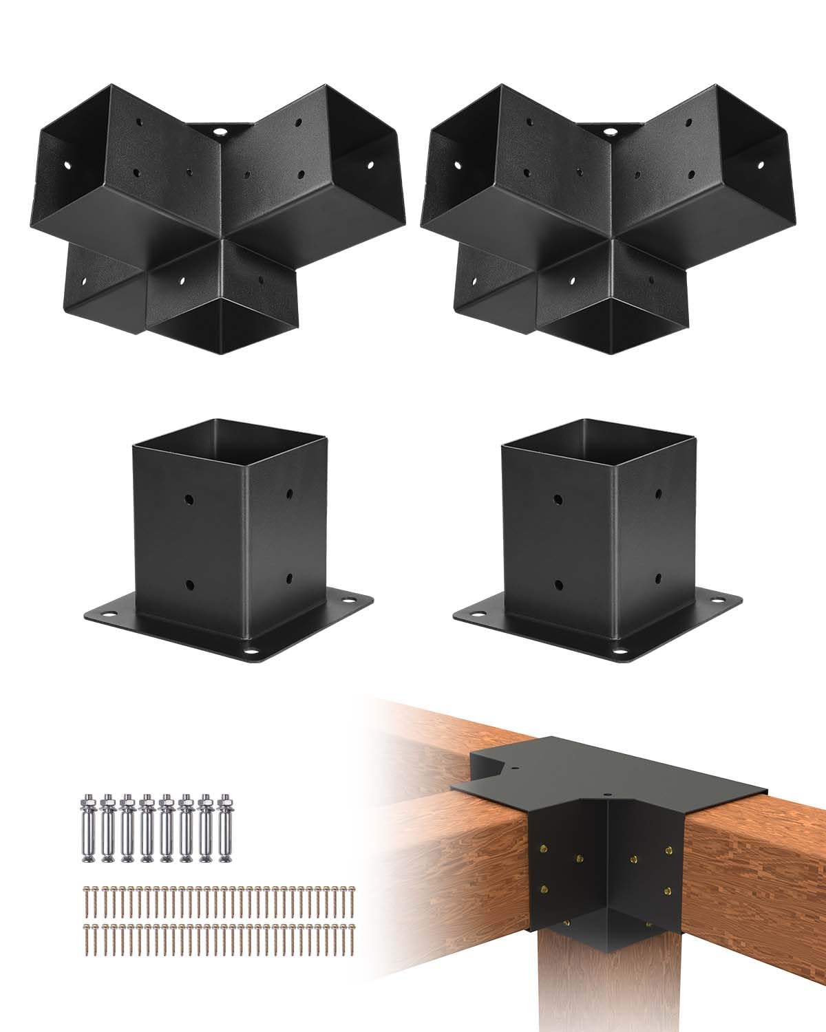 VEVOR Pergola Bracket Kit, 4x4 Inch (Inner Size 3.5x3.5), 2 Pcs 4-Way Heavy Duty Corner Bracket Woodworks DIY Post Base Kit, Easy Installation Wooden Beams for Gazebos, Patio Pergolas, Log Cabin