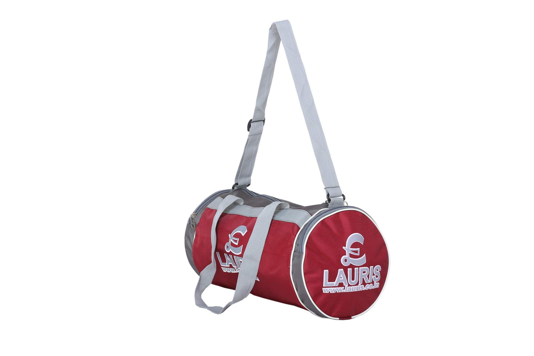 Lauris Gym Bag of Maroon and Grey Colour with Pockets on Both Sides havinf Size 9inches * 20 inches