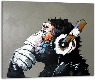 Music Monkey with Headphone Oil Paintings Hand Painted on Canvas Wall Art for Living Room Chimps Media Room Art M