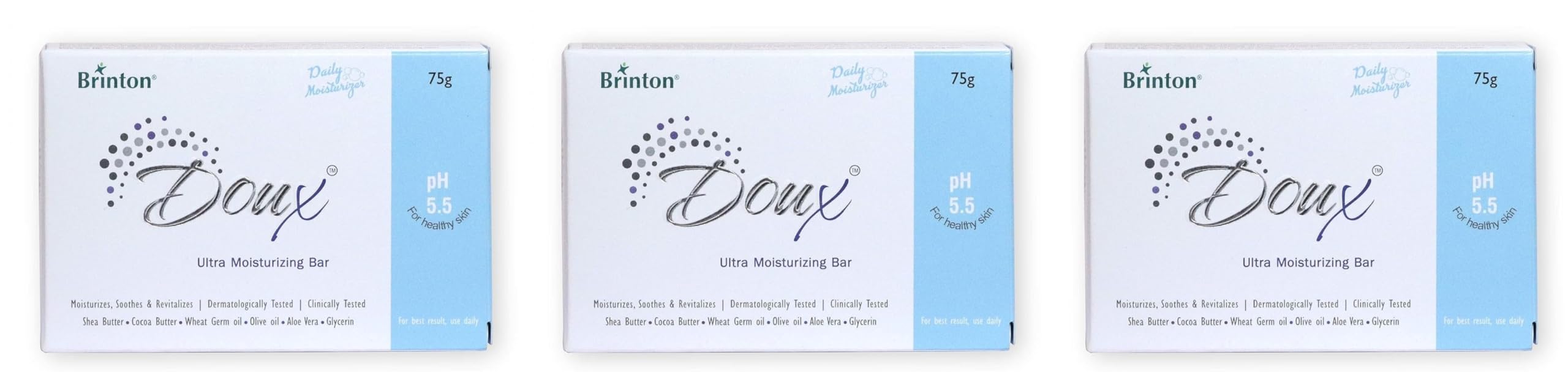 DOUX Daily Ultra Moisturizer Soap Bar with pH 5.5, 75g x Pack of 3