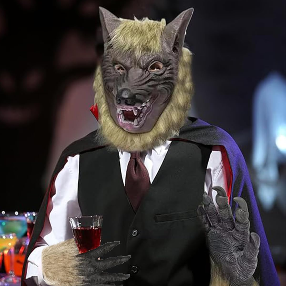 Wolf Head Mask Maschera da Lupo e Guanti da Artiglio Full Face Werewolf Maschera Halloween Horror Festume