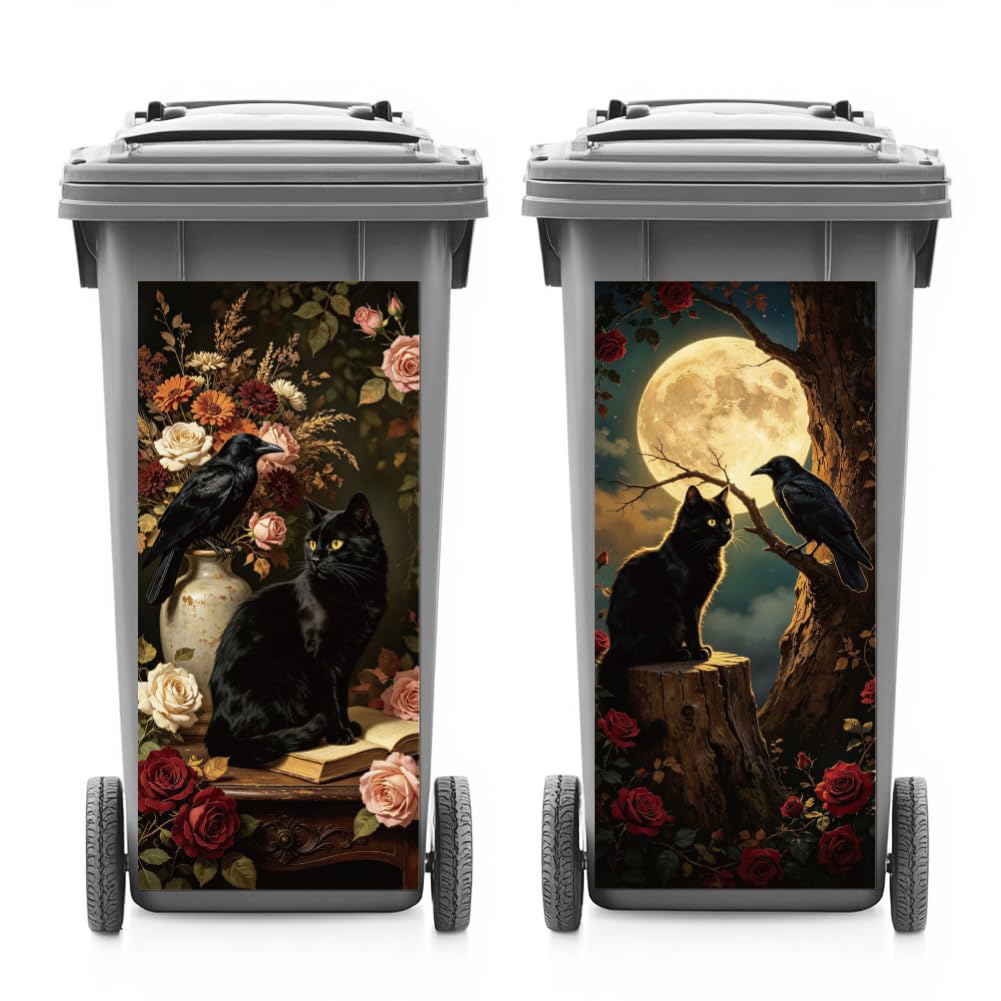 ANATTASOUL 2Pcs Cat and Crow Animal Wheelie Bin Sticker for Bins Decorative