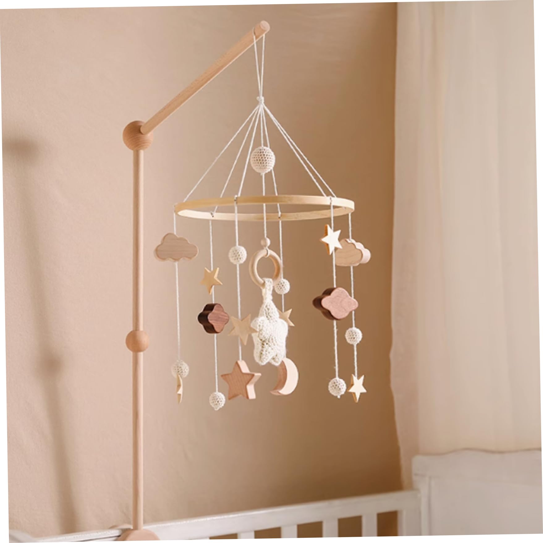 Mobile pour berceau de bébé, mobile pour bébé étoiles, nuages ​​et lune avec son net, de chambre d'enfant en bois crocheté à la main, jouets berceau Boho à suspendre pour garçons et fil