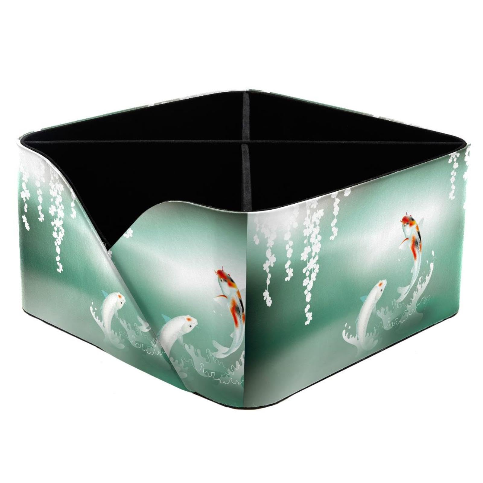 KengjuTesu Two Koi Carps Playing in Pond Art Desktop Organizer Pen Holder, Rectangular Pencil Cup for Office, Study and Makeup Stations