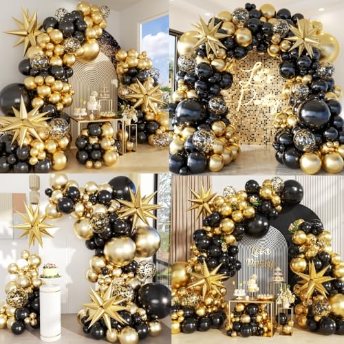 Image of Black Gold Balloons Arch Garland Kit Star Balloon Black Gold Confetti Balloons for Graduation Birthday Wedding Anniversary Baby Shower Party Decoration Balloons