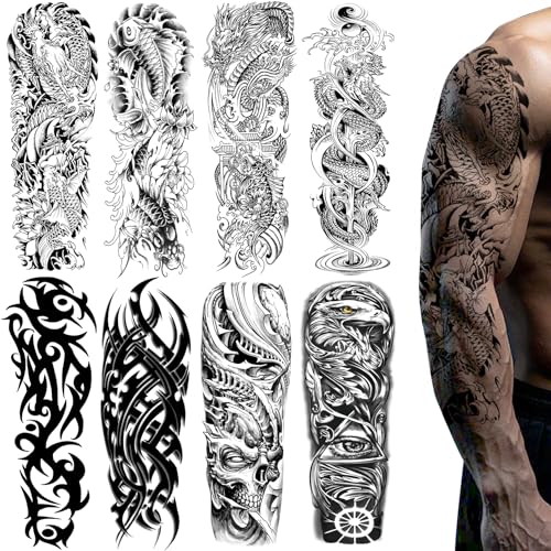 8 Sheets Full Arm Black Temporary Tattoos for Men Adults, Millitary Temp Totem Tattoos Sleeve For Women, Waterproof Body Arm Chest Shoulder Dragon Fish Fake Scary Tattoo Stickers Animal