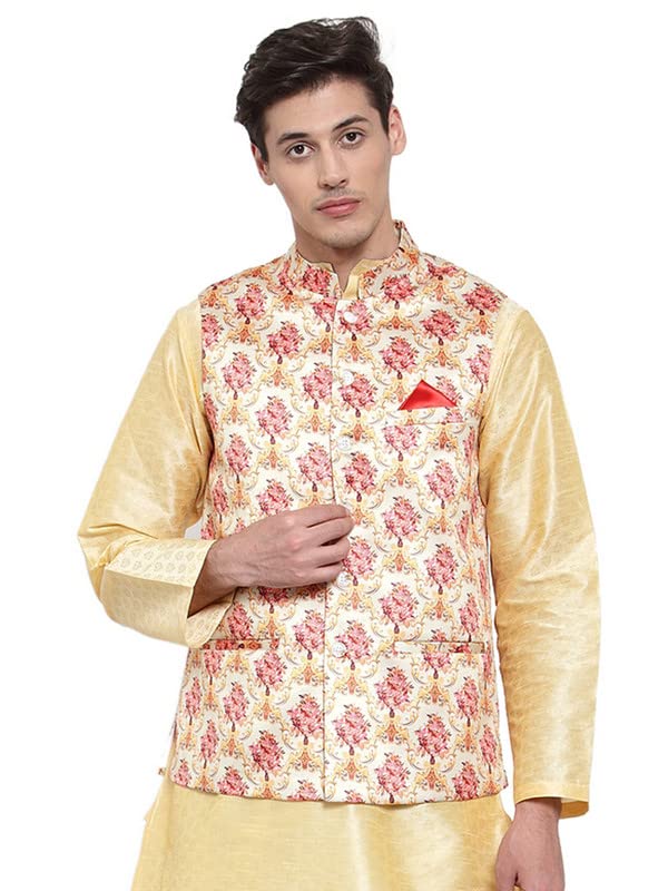 neudis Printed Satin Nehru Jacket/Waistcoat For Men - Beige NUD20SATINWSFLWPTDBG-picture-9