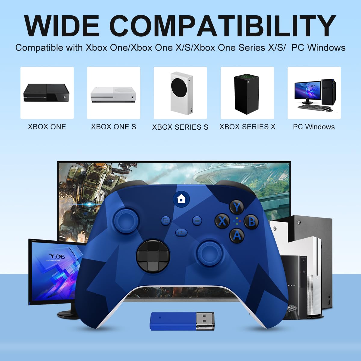 SWCTIM Xbox Controller Wireless für Xbox One, Xbox Series X/S, 3.5mm Kopfhörerbuchse, 2.4GHz Wireless Adapter, Camo Blau