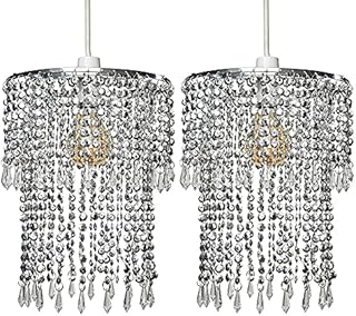 Pair of - Modern Sparkling Chrome Acrylic Crystal Jewel Bead Effect Ceiling Pendant Light Shades