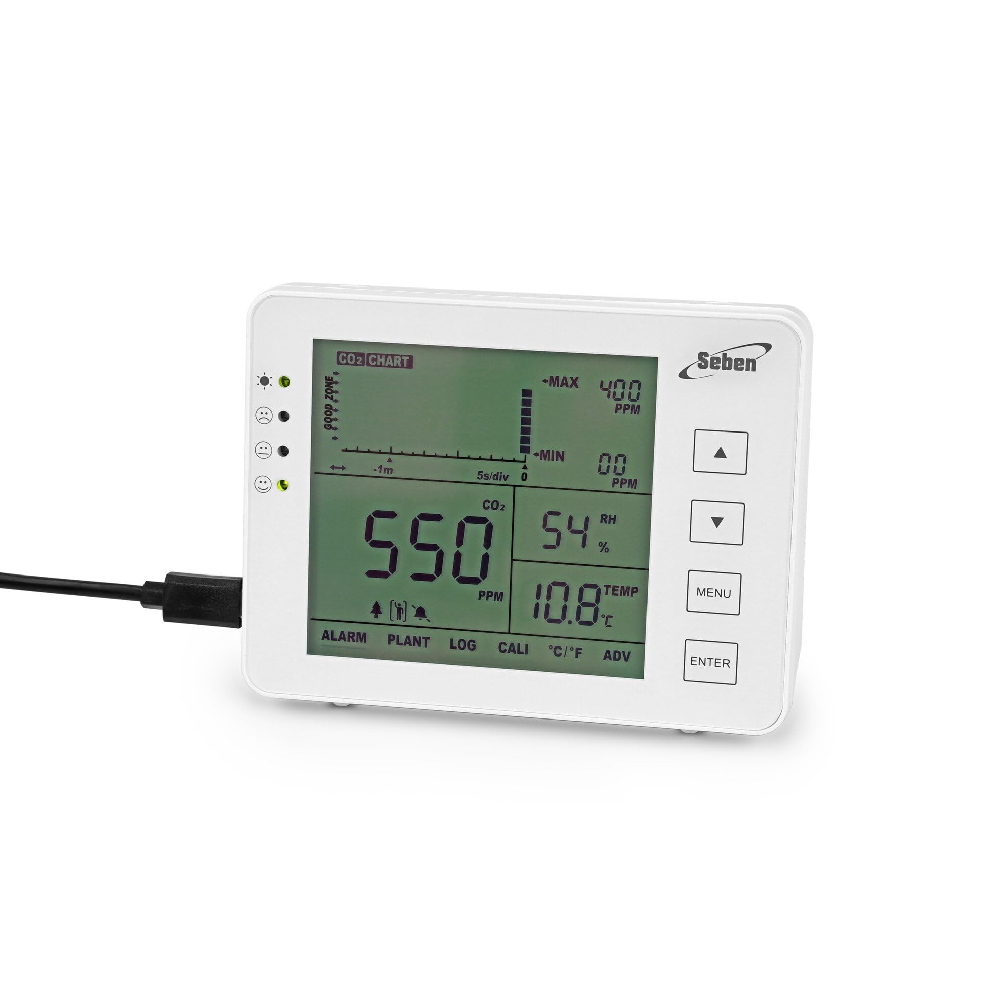 Seben 1200P W Medidor y monitor de CO2 con semáforo, alarma acústica, registrador de datos para la medición de la calidad del aire
