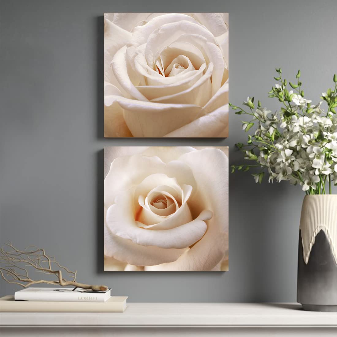 Gardenia Art Romantic Rose Wall Art for Girls Bedroom Nature Flower Photography Champagne Rose Picture for Living Room Home Walls Decor Modern Giclee Print Scenery Wall Painting Framed Artwork 12"x12"