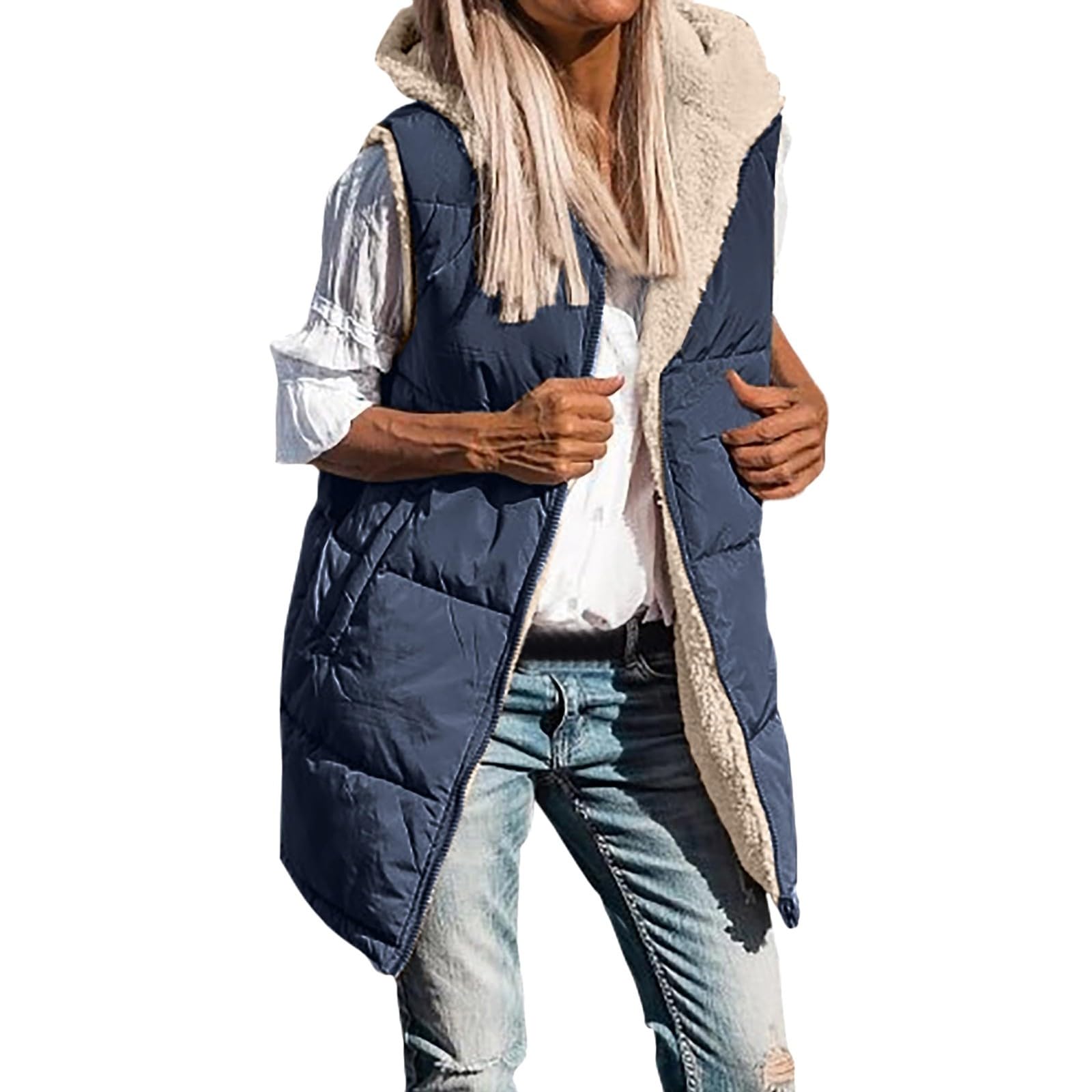 Chaqueta Mujer Abrigo Entretiempo Invierno Cazadora Plumiferos，Chaqueta Larga Mujer Invierno Sin Mangas Reversible Forro Polar Cremallera Capucha Bolsillos Cálida Otoño 2026