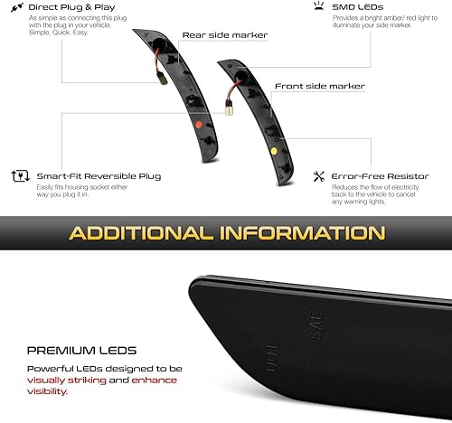 Miniatura 6 de VIPMOTOZ 4 luces LED completas delanteras y traseras laterales compatibles con Fiat 500 2012-2019 carcasa cromada lente tintada humo reemplazo