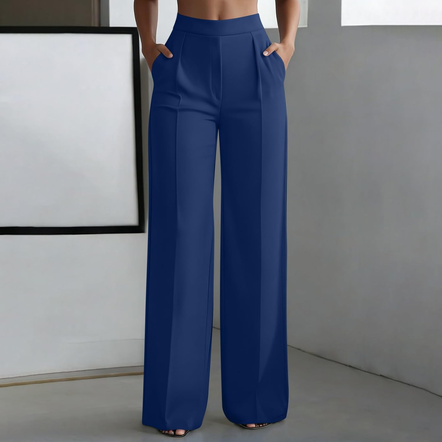 Women's Dress Pants Straight Wide Leg Pull on Work Pant Business Office Slacks with Pockets Workwear Bottoms Trousers