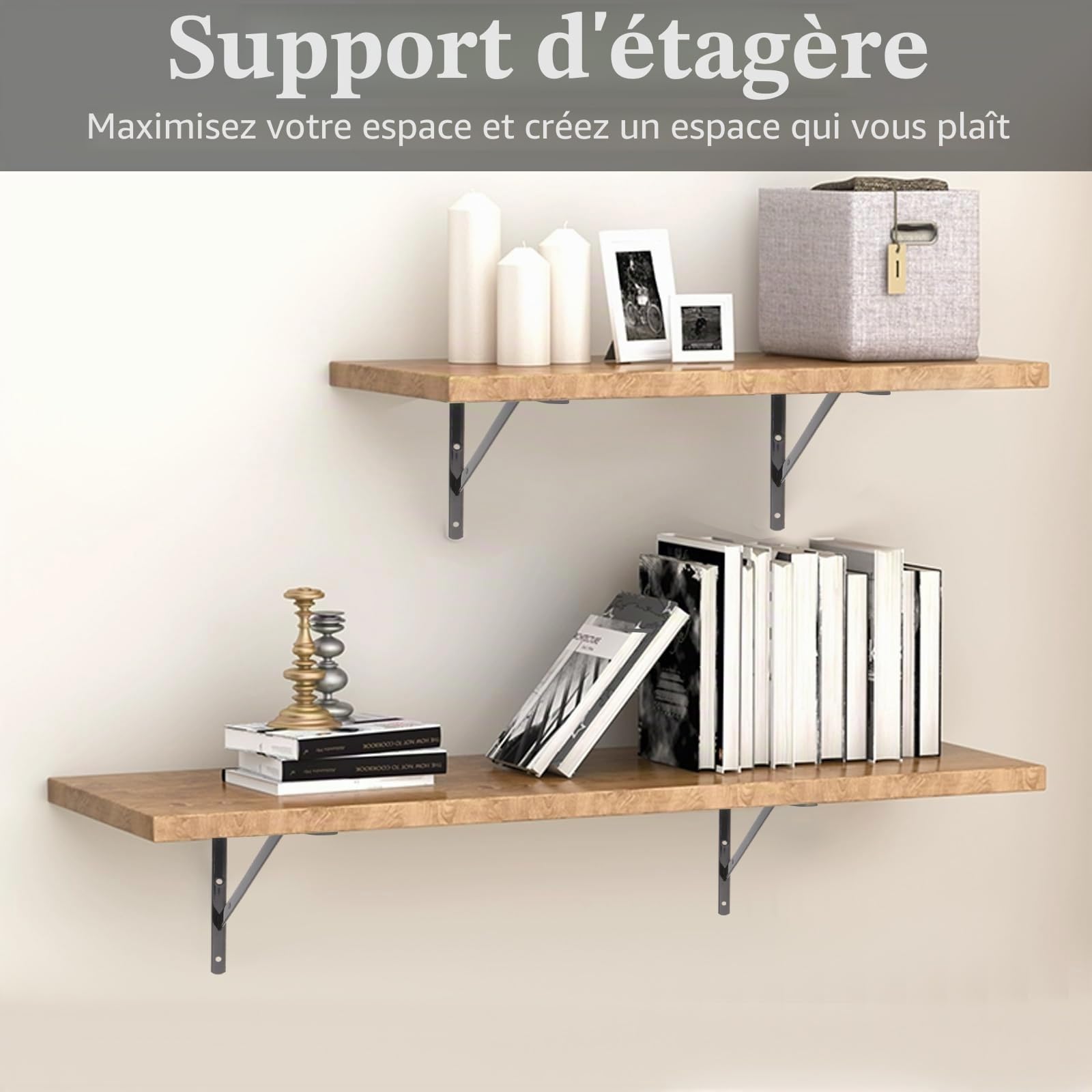 Lot de 12 supports d'étagère - 400 x 250 mm - En métal noir - Équerre pour charge lourde - Pour montage mural, établi, étagère de rangement