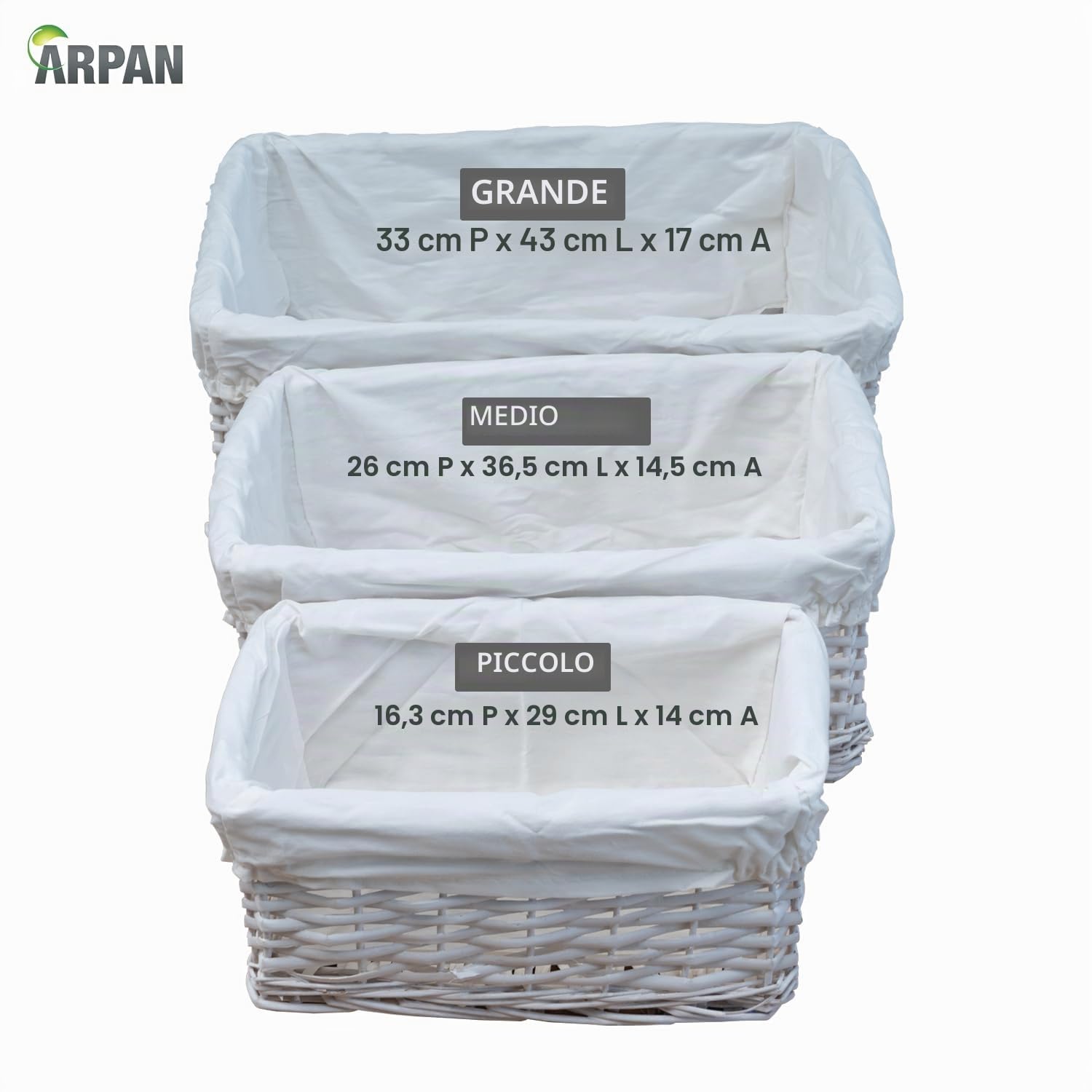 ARPAN - 2 cesti portaoggetti in vimini 100% ecologici, con panno, misura media, 36 x 25 x 15 cm, colore: bianco