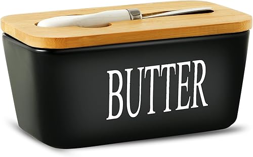 Hasense Mantequillera grande con tapa y cuchillo, plato de mantequilla de cerámica con tapa para encimera, contenedor de mantequilla negra para