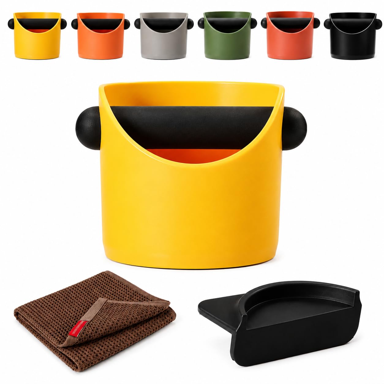 AURALIN Yellow Coffee Knock Box, Round Espresso Grounds Bin with Removable Rubber Knock Bar, Silicone Tamping Mat and 30 x 30 cm Cotton Waffle Cloth, Small Non-Slip Barista Accessory