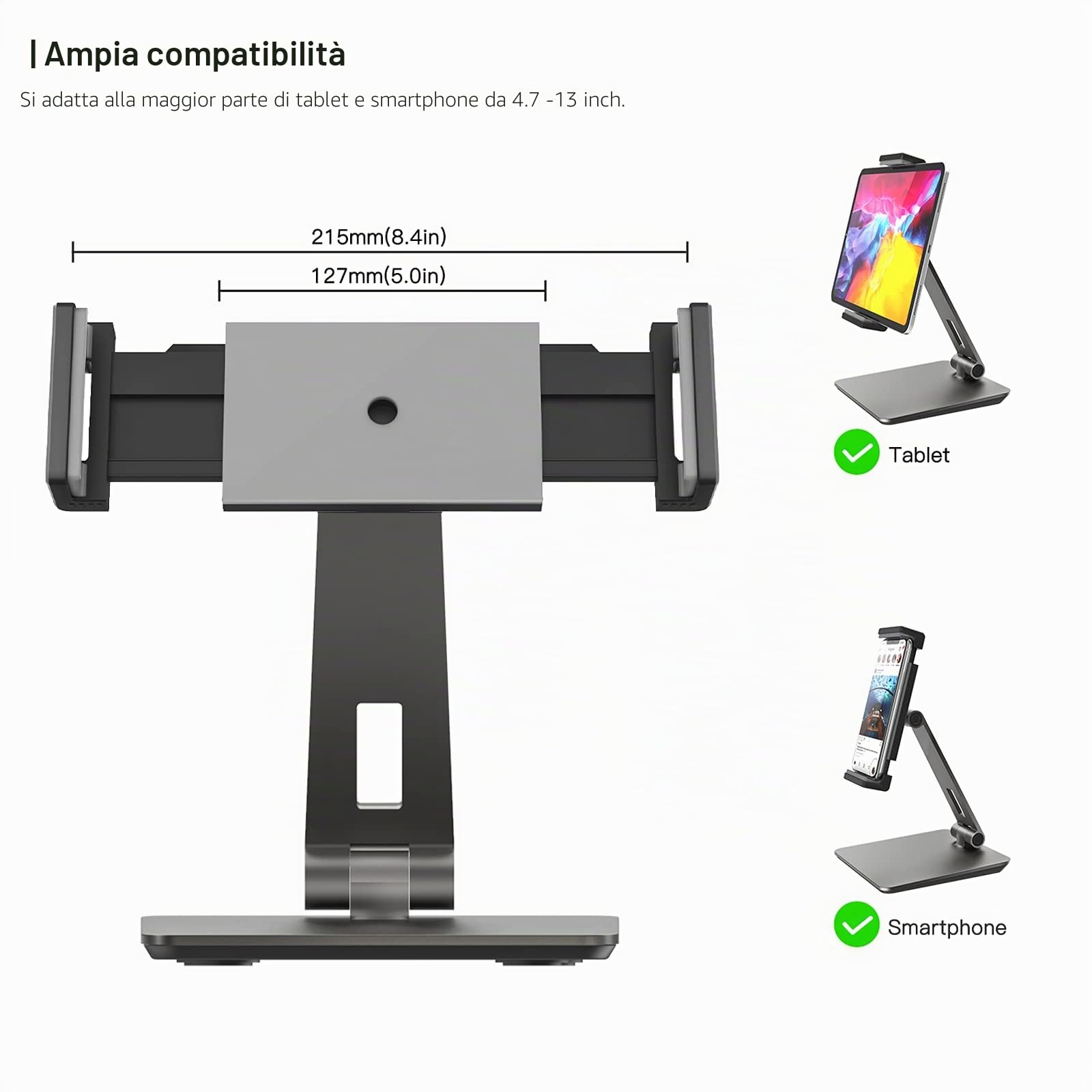 Supporto per Tablet, Regolabile Rubusto e Resistente Alluminio Supporto, 360° Girevole Pieghevole Metallo Porta, Adatto per iPad, Samsung Tab, Kindle (4,7-13") (Grigio)