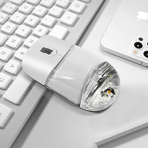 Miniatura 2 de Ratón inalámbrico lindo silencioso de agua blanca transparente para PC, portátil, MacBook, niños, niñas, mujeres, regalo con agua líquida y pingüino