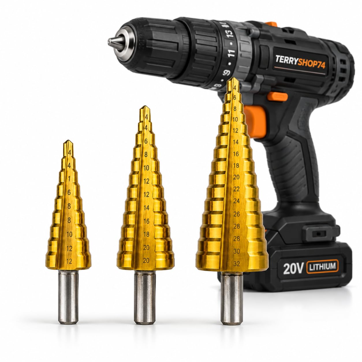 Terryshop74® Set 3 Punte a Gradino HSS Rivestite Titanio – Punte Coniche Graduate 4-12 mm, 4-20 mm e 4-32 mm – Per Metallo, Alluminio, Lamiera, PVC e Plastica – Attacco Esagonale