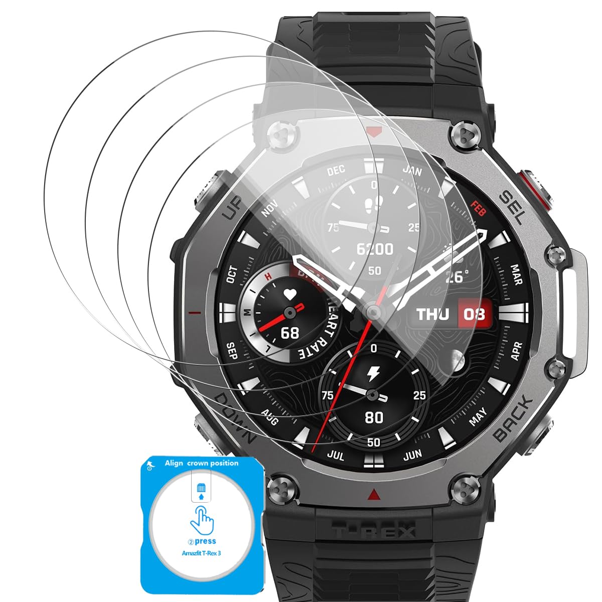 4 Pieces Screen Protector for Amazfit T-Rex 3 Tempered Glass Film, 9H Hardness, Anti-Scratch, Anti-Fingerprint, Easy to Install Kit, HD Tempered Glass