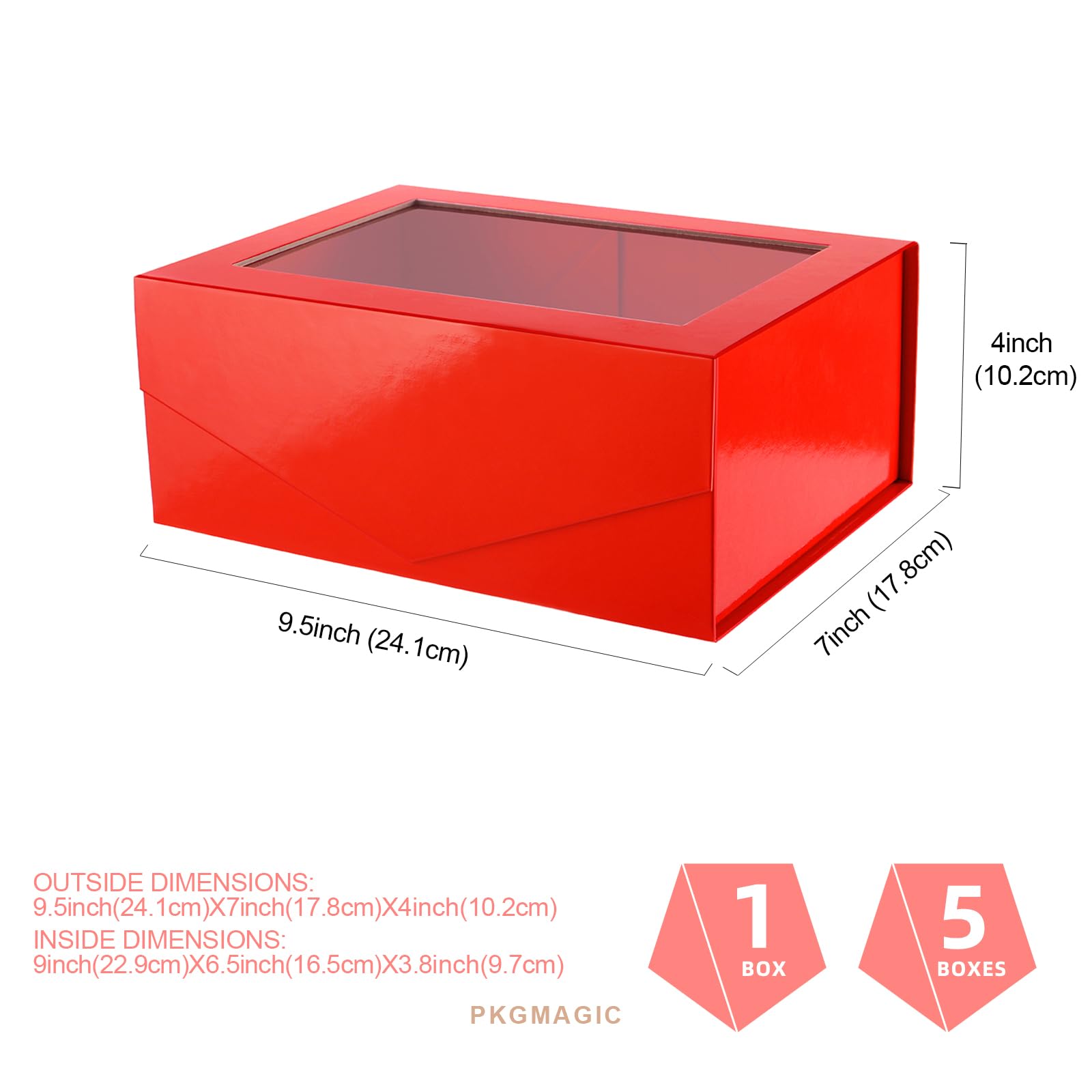 PKGMAGIC 5 rote Geschenkboxen mit Fenster, 22,8 x 16,5 x 9,6 cm, klare Geschenkboxen für die Präsenz, Geschenkboxen für Brautjungfer, Geschenkboxen mit magnetischem Deckel